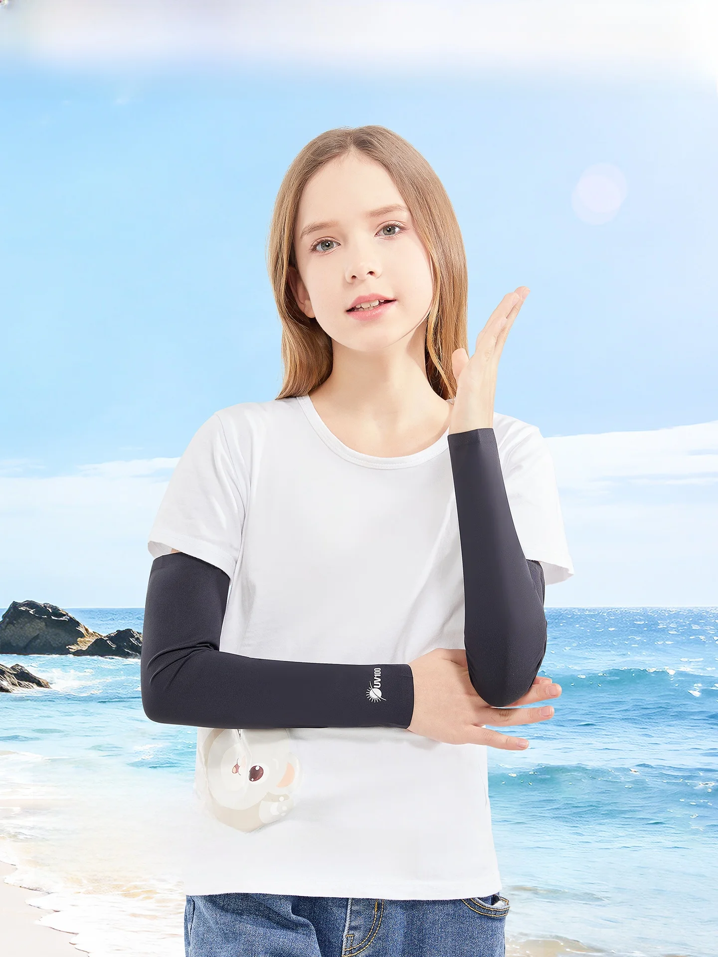 女性用子供  用UVカット冷感アームカバー：夏用薄手通気性と顔遮断の実用性