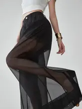 黒の二重シースルー高腰ワイドパンツ【柔らかなドレープ感・フィット】（セットアップ対応）