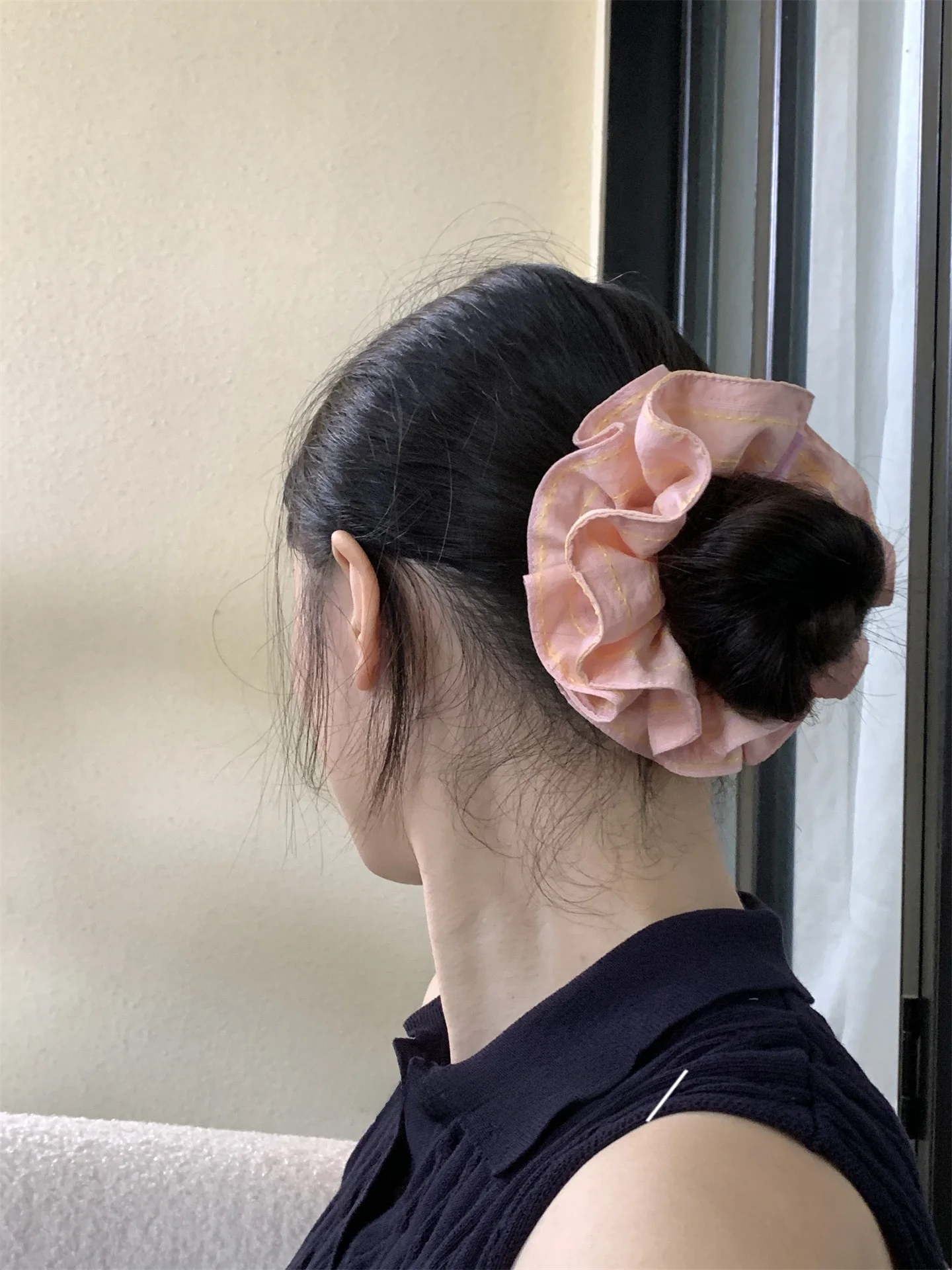 韓国風二重フリル大腸ヘアゴム【かわいいピンク・おしゃれなアクセサリー】