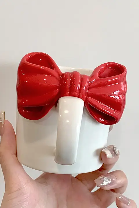 リボンデザインの手描き陶器マグカップ【かわいいカップ・ミルクカップ・ペア用】