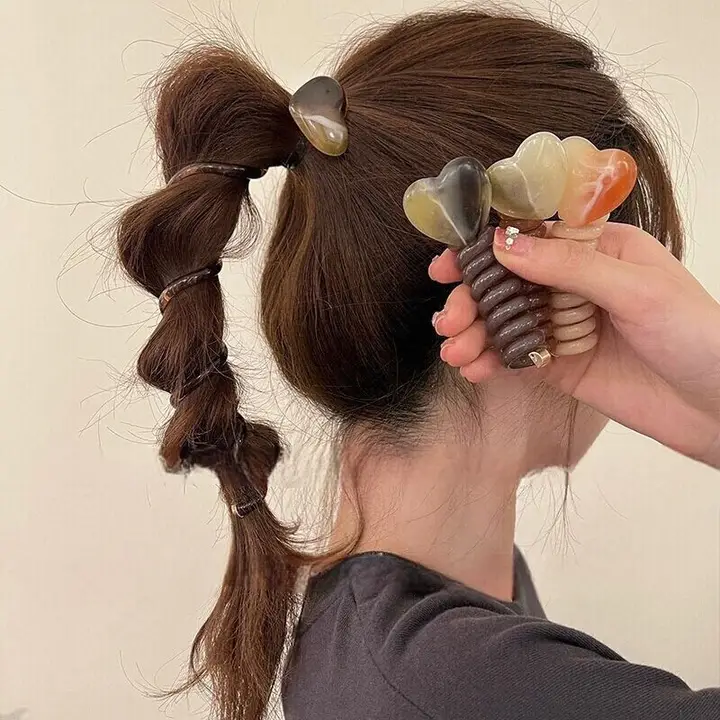泡泡辫ヘアゴム【高級感ある電話線デザイン・リボン付き】