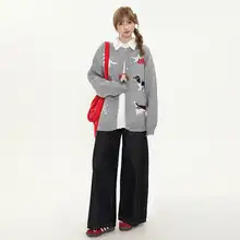 YIKOJIA カートゥーンデザイン犬柄ニットカーディガン【丸首・春秋用・ルーズフィット・カップル向け】