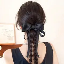 高馬尾用バタフライリボン付きツイストロングウィッグ【韓国風・ストレート・ヘアアクセサリー】