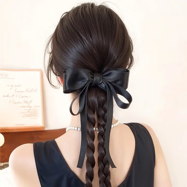 高馬尾用バタフライリボン付きツイストロングウィッグ【韓国風・ストレート・ヘアアクセサリー】