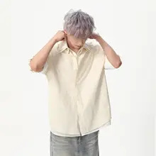 韓国風ストライプ半袖シャツ【メンズ・爽やかカジュアル・デザイン切替】