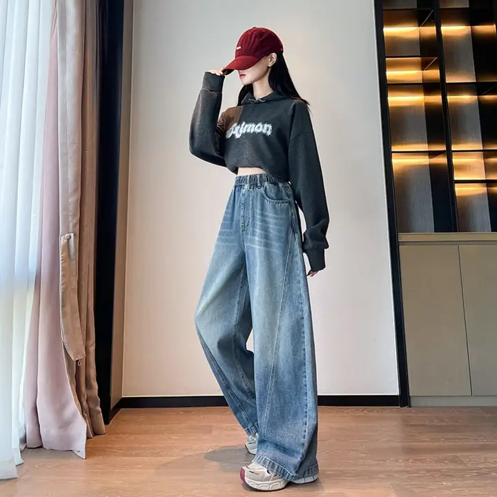 レトロデザインのデニムワイドパンツ【ハイウエスト・体型カバー・ゆったりシルエット】（セットアップ対応）