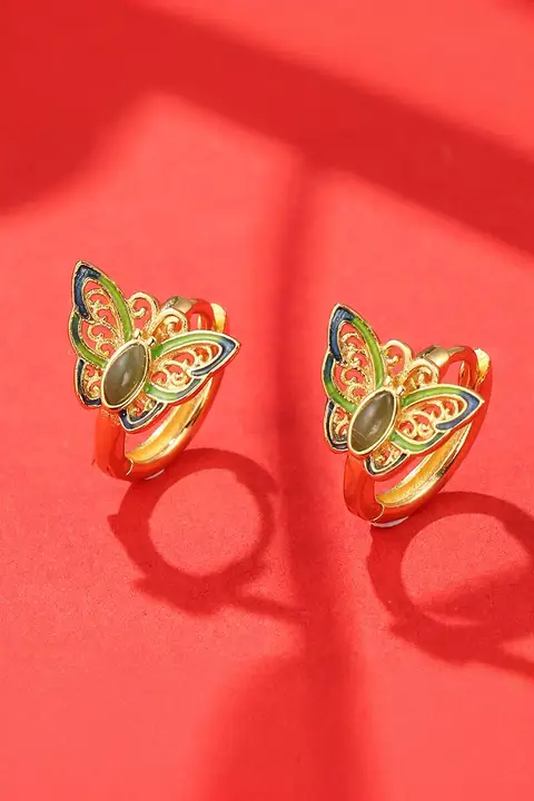 和田玉使用の純銀エナメル花耳飾り【ハチドリデザイン・新中式スタイル】