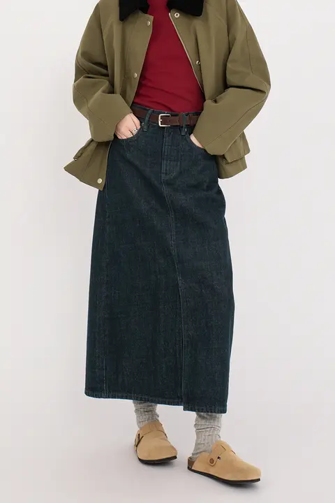 幾何学模様デニム色のワイドストレートスカート【春夏用・スリット入り・Aライン】
