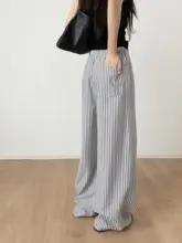 ストライプデザインのフィットパンツ【ウエストゴム・ワイドレッグ・夏用】