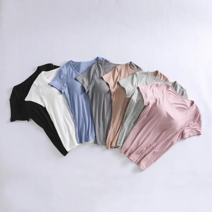 女性用 白色 胸パッド付き短袖Tシャツ【薄手・柔らかい素材・夏用・ホームウェア】