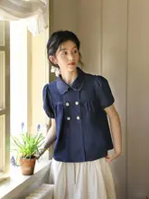 洗い加工デニムダブルボタンダウンショートスリーブシャツ【フロントプリーツ・ネイビートーン】