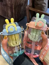 可愛いストロー付き水筒【夏用・耐熱プラスチック・斜め掛け・携帯便利】