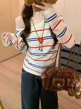 カラーライン入り 斜め肩デザイン長袖Tシャツ【秋冬用・ゆったりサイズ・オフショルダー】