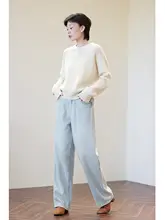 全羊毛製 レトロなニットセーター【クルーネック・透かし編み・ゆったりとしたデザイン・ミルクベージュ】