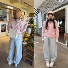 抽绳デザインのスウェットパンツ【灰色・ストレート・ワイドレッグ・女性用】（セットアップ対応）