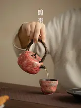 彩陶製 大容量ティーポット【仿古デザイン・紅色・工芸茶具】