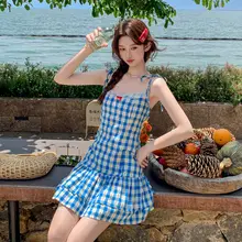 フラワープリントレース切替キャミソールミニドレス【爽やかなブルー・夏用・チェック柄】（セットアップ対応）