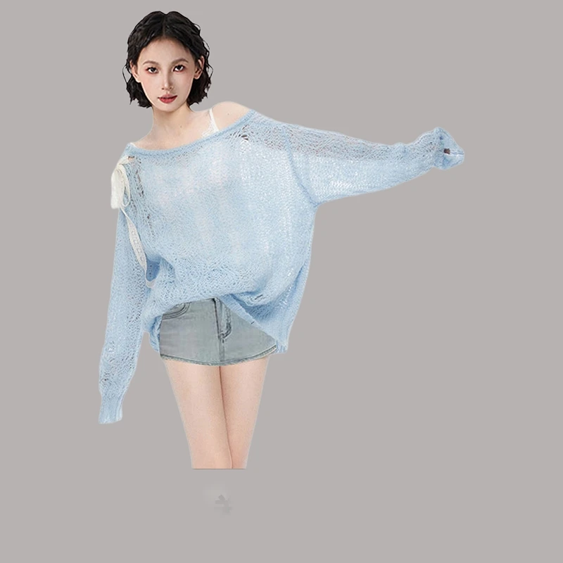 ブルーオフショルダーのスリーブレースUVカットニットカーディガン【春夏用・フィット】