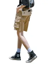 カーキ色のレディース工装ショートパンツ【夏用・カジュアル・5分丈・大きいサイズ】