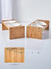 調整可能な竹製スタンド付き二重陶器ペットボウル【犬用・猫用・首に優しい傾斜設計】