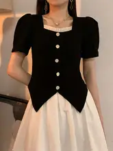 黒のレトロフレンチデザイン バブルスリーブトップス【スクエアネック・夏用・短袖】