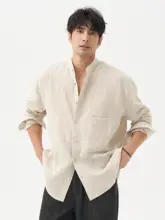 リネン製 メンズ 立襟ルーズフィット長袖シャツ【デザイン】