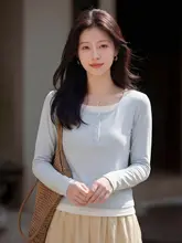デザイン性のあるバイカラーラウンドネック長袖Tシャツ【秋用・女性用】（セットアップ対応）