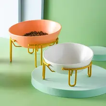 陶器製 猫用二重食器【首元に優しいデザイン・高脚・傾斜口・鉄製スタンド】