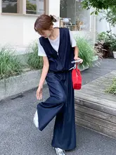 夏用 カジュアルつなぎ風カラーコンビTシャツとワイドパンツ