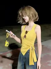 タイ風美しい黄色のコットンタンクトップ【大きいサイズ・デザイン感・ノースリーブ】