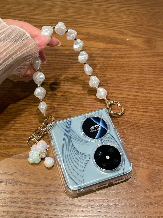 Huawei Pocket2用 スマホケース【透明シリコン・薄型・落下防止・パールハンドストラップ付き】