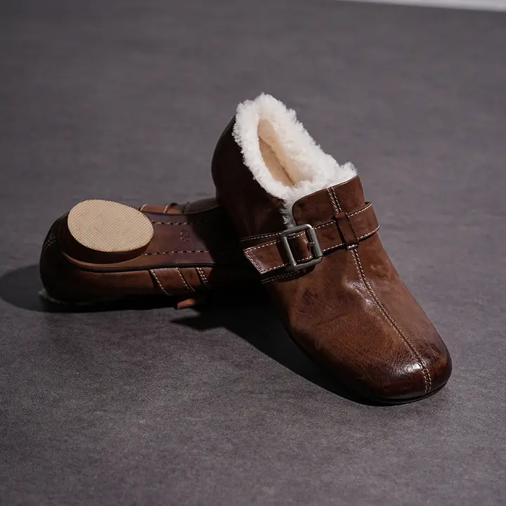水洗胎牛皮製のウールローファー【冬用・加絨・保温】【ベルト付き】