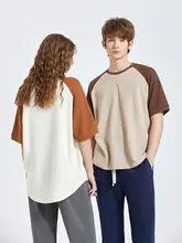 快適な着心地のカラーブロックワッフル生地の半袖Tシャツ【ゆったりシルエット・五分袖】