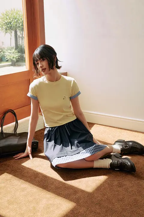 カップル用 Tシャツ【刺繍付き・格子柄・重厚感のある半袖・ラウンドネック】