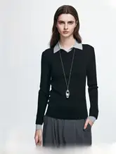 初秋にぴったり！バイカラーPolo衿デザインのニットトップス【100%ウール・スリムフィット・女性用】（セットアップ対応）