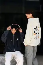 可愛い猫柄デザインのファスナー付きフードパーカー【毛巾素材・ユニセックス】（セットアップ対応）