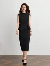 夏用 ブラック 薄手 ノースリーブ ラウンドネック トップス【ビジネスシーン向け・美しいシルエット】スカート（セットアップ対応）