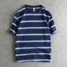 全棉ニットストライプTシャツ【メンズ・丸首・短袖・カジュアルスタイル】