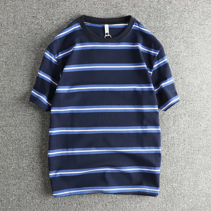 全棉ニットストライプTシャツ【メンズ・丸首・短袖・カジュアルスタイル】