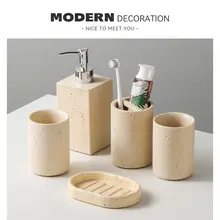 モダン 洞石製バスルーム洗面セット【マウスカップ・ローションボトル・トレイ付き・ホテル用】