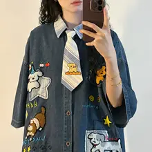 夏季アメリカンヴィンテージカートゥーン刺繍デニム半袖シャツ【ユニセックス・フィット・学院風】