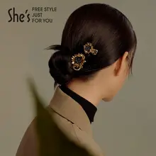 リビングデザインのひまわりモチーフ手作りビーズ付きヘアクリップ【復古スタイル・ゴールド・片面】