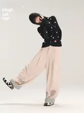 フルーツデザインのチェック柄パッチワークコーデュロイパンツ【ストレート・フィット】