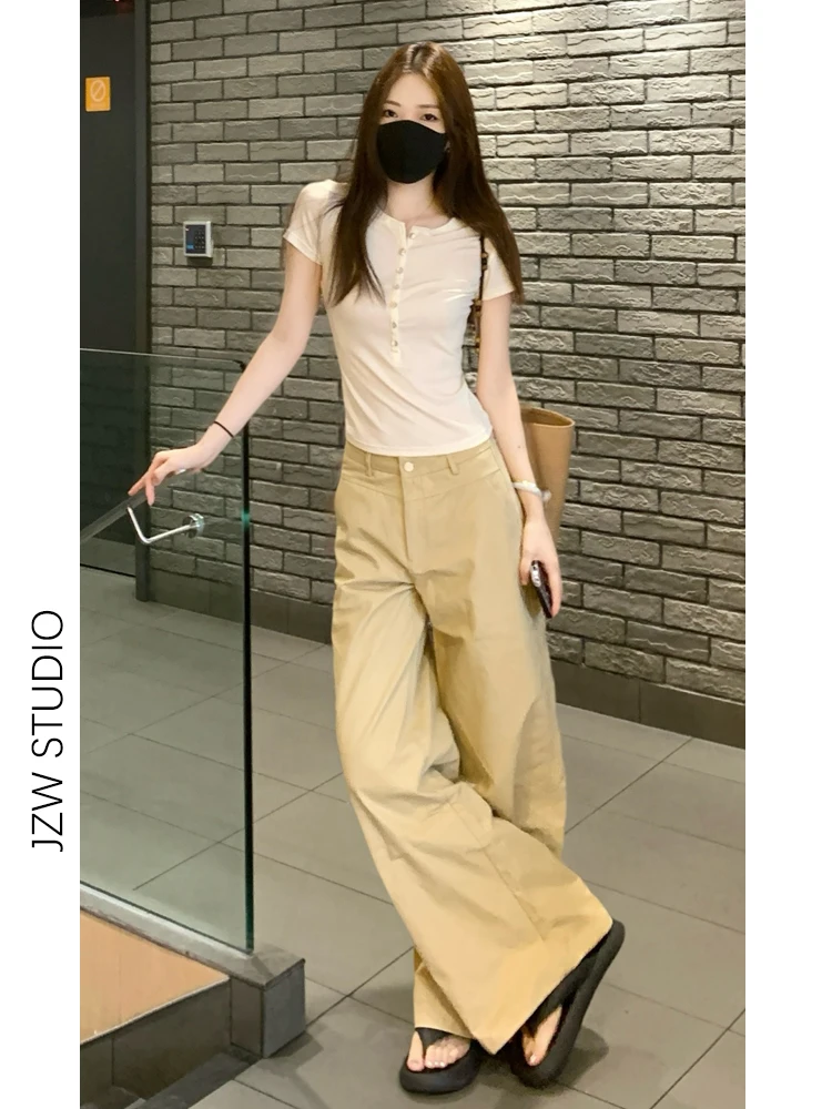 カジュアルなカーキ色ワイドレッグパンツ【春夏用・スリム効果・スタイリッシュデザイン】