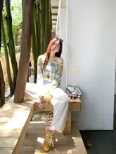 ストライプ柄透かし編み短袖ニットトップス【夏用・防晒・女性用】