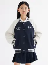 春秋向けカラーブロックの子ども用野球ジャケット【リボン付き・カジュアルデザイン】