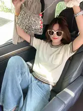ニットTシャツ レディース 半袖 クルーネック カラーブロック ホワイト 着痩せ ショート丈 夏 韓流