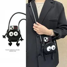 黒い煤球デザインの背面クリップ式小銭入れ【苹果16・iPhone15pro用・赤黒チェック柄・かわいい】