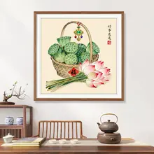 現代的な蓮の花と福字の刺繍【シンプルな手作りデザイン・リビングやダイニングに最適】