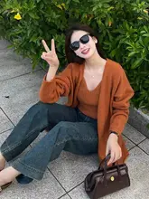 優しい雰囲気のVネックニットカーディガン＆タンクトップ【秋用・ミディ丈・ゆったりデザイン】（セットアップ対応）